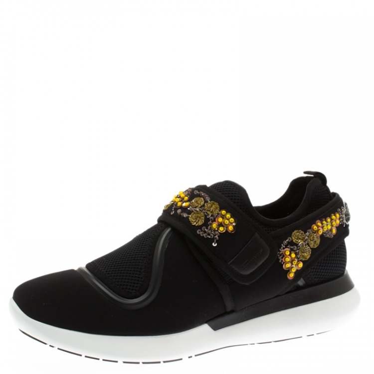 Pre Owned Salvatore Ferragamo Black Embellished Fabric Alicidi Sneakers Size 40.5