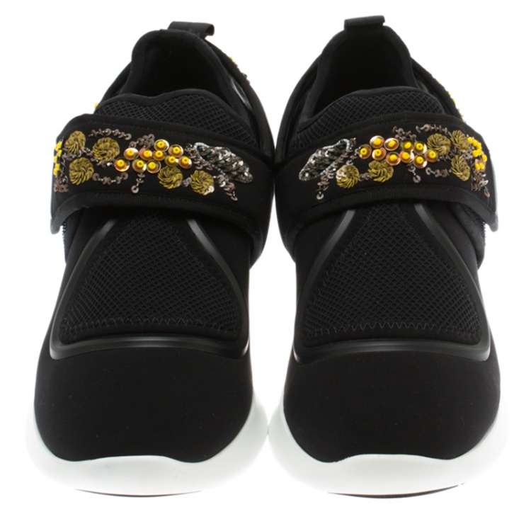 Pre Owned Salvatore Ferragamo Black Embellished Fabric Alicidi Sneakers Size 40.5
