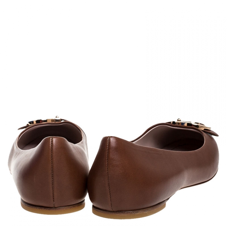 Pre Owned Salvatore Ferragamo Brown Leather Buckle Detail Ballet Flats Size 40