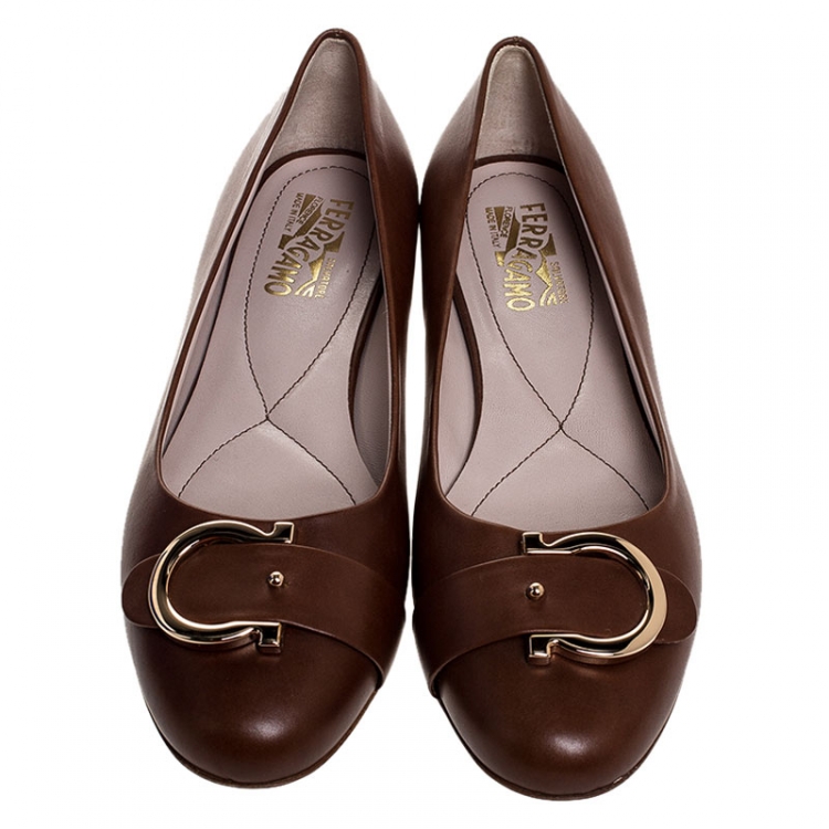 Pre Owned Salvatore Ferragamo Brown Leather Buckle Detail Ballet Flats Size 40