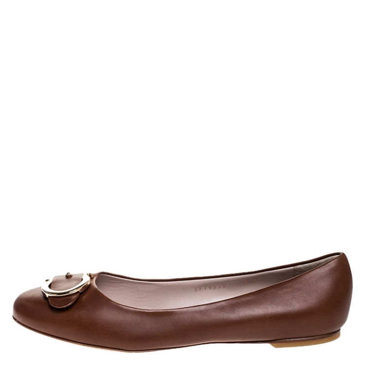 Pre Owned Salvatore Ferragamo Brown Leather Buckle Detail Ballet Flats Size 40