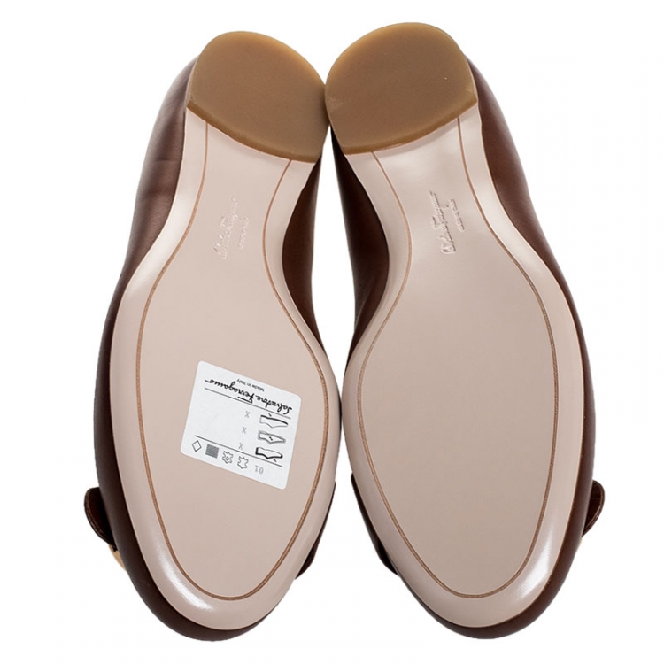 Pre Owned Salvatore Ferragamo Brown Leather Buckle Detail Ballet Flats Size 40