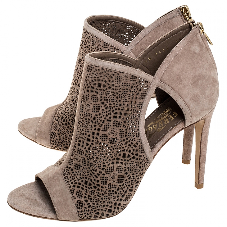 Pre Owned Salvatore Ferragamo Beige Lazer Cut Suede Leather Cut Out Open Toe Booties Size 39