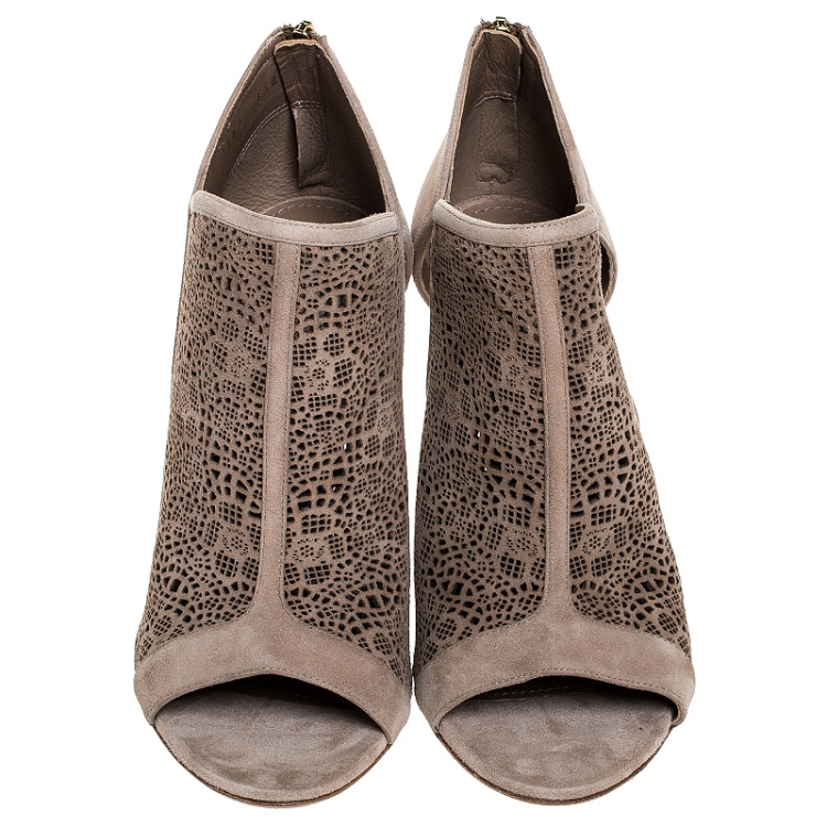 Pre Owned Salvatore Ferragamo Beige Lazer Cut Suede Leather Cut Out Open Toe Booties Size 39