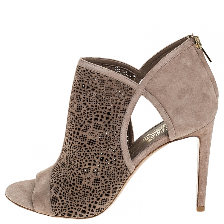 Pre Owned Salvatore Ferragamo Beige Lazer Cut Suede Leather Cut Out Open Toe Booties Size 39