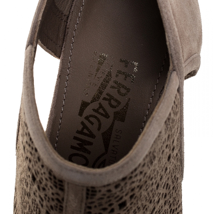 Pre Owned Salvatore Ferragamo Beige Lazer Cut Suede Leather Cut Out Open Toe Booties Size 39