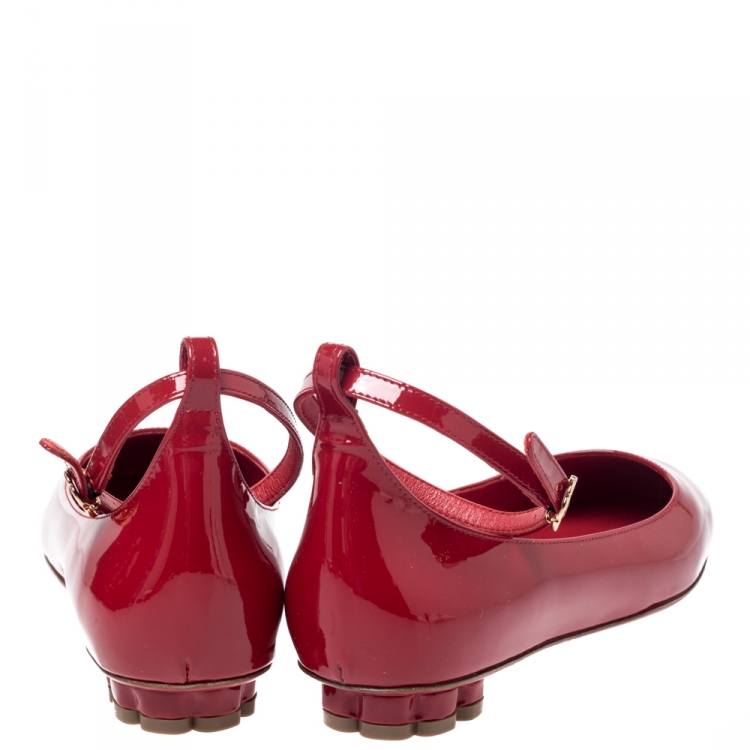Pre Owned Salvatore Ferragamo Red Patent Leather Cefalu Ankle Strap Ballet Flats Size 36