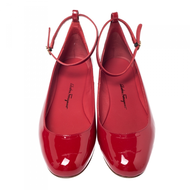 red ballet flats with ankle strap