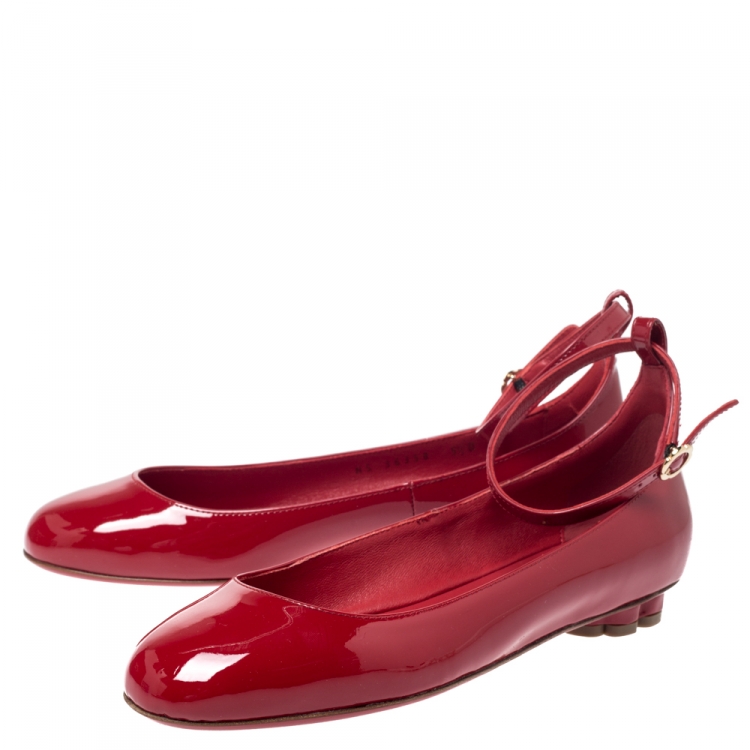 Pre Owned Salvatore Ferragamo Red Patent Leather Cefalu Ankle Strap Ballet Flats Size 36