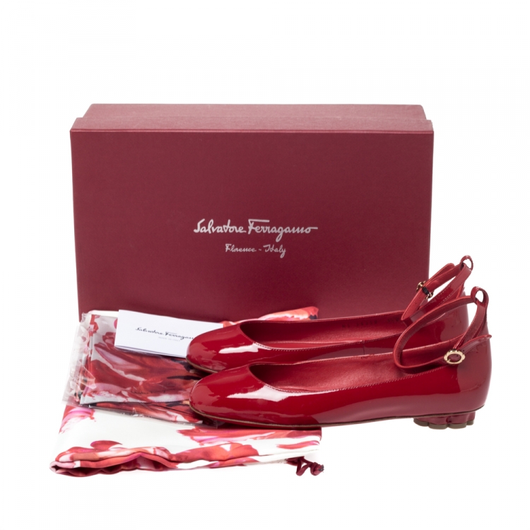 Pre Owned Salvatore Ferragamo Red Patent Leather Cefalu Ankle Strap Ballet Flats Size 36