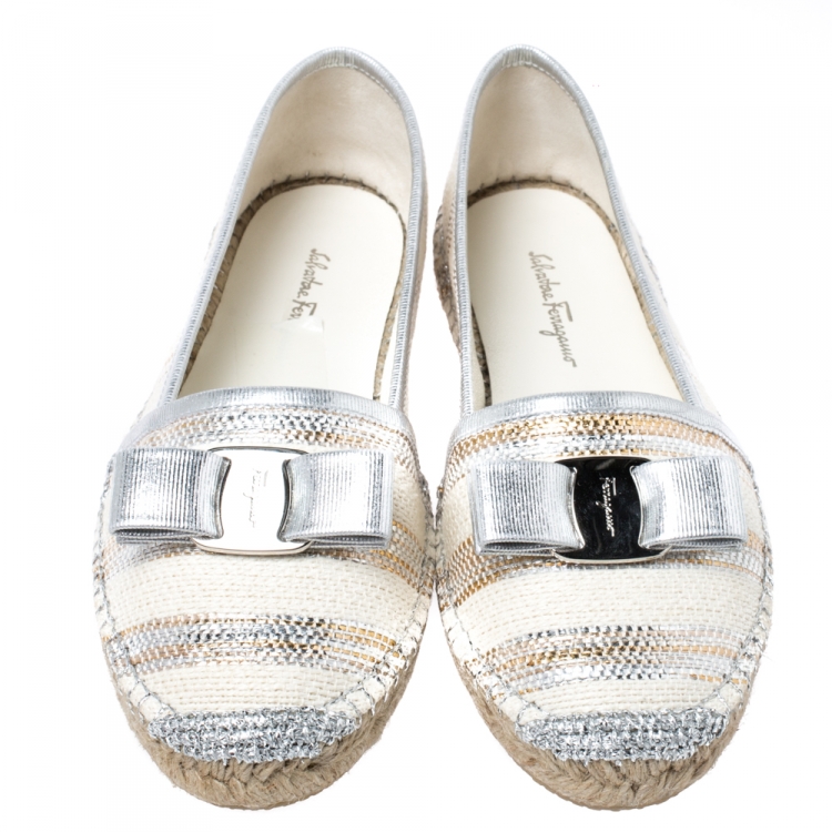 Pre Owned Salvatore Ferragamo Multicolor Canvas And Leather Trim Elodie Espadrille Flats Size 37.5