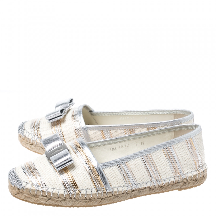 Pre Owned Salvatore Ferragamo Multicolor Canvas And Leather Trim Elodie Espadrille Flats Size 37.5