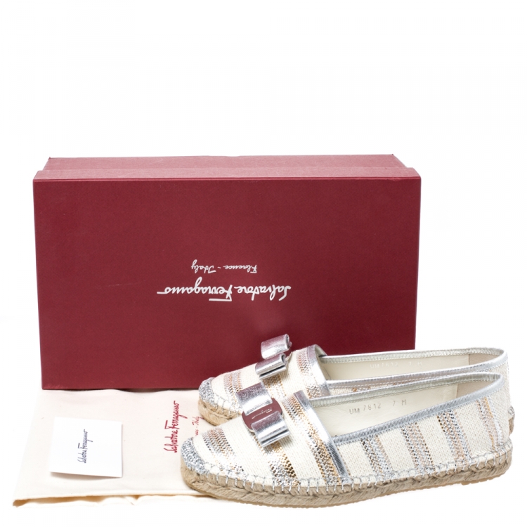Pre Owned Salvatore Ferragamo Multicolor Canvas And Leather Trim Elodie Espadrille Flats Size 37.5