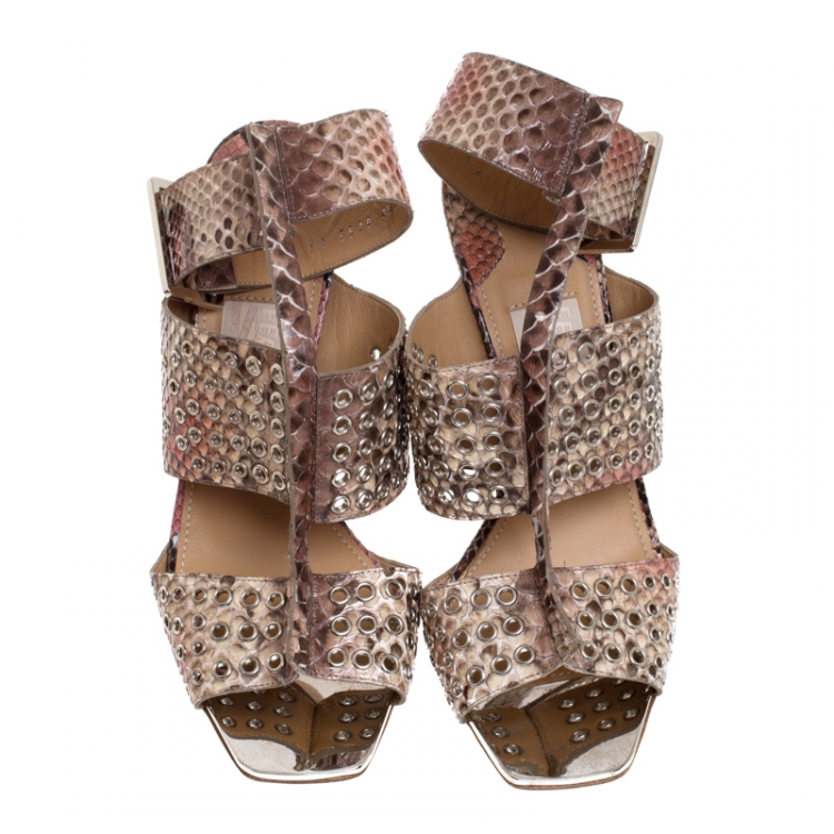 Pre Owned Salvatore Ferragamo Multicolor Python Leather Eyelet Embellished T-Strap Ankle Cuff Sandals Size 39.5