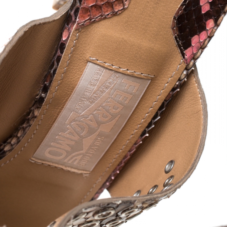 Pre Owned Salvatore Ferragamo Multicolor Python Leather Eyelet Embellished T-Strap Ankle Cuff Sandals Size 39.5