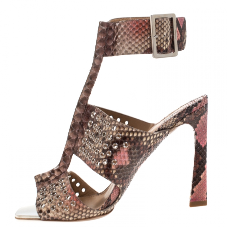 Pre Owned Salvatore Ferragamo Multicolor Python Leather Eyelet Embellished T-Strap Ankle Cuff Sandals Size 39.5
