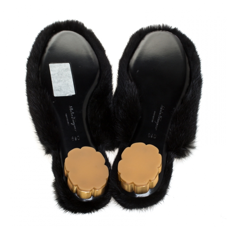 Pre Owned Salvatore Ferragamo Black Mink Fur Flat Mules Size 37