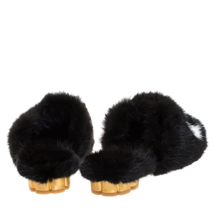 Pre Owned Salvatore Ferragamo Black Mink Fur Flat Mules Size 37