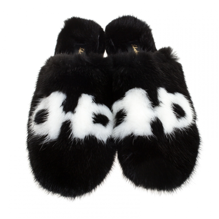 Pre Owned Salvatore Ferragamo Black Mink Fur Flat Mules Size 37