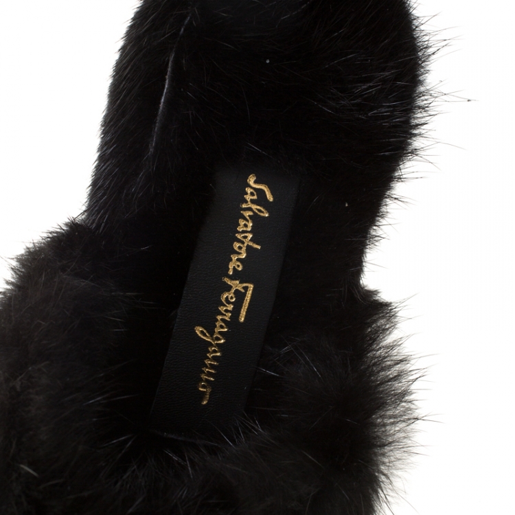 Pre Owned Salvatore Ferragamo Black Mink Fur Flat Mules Size 37