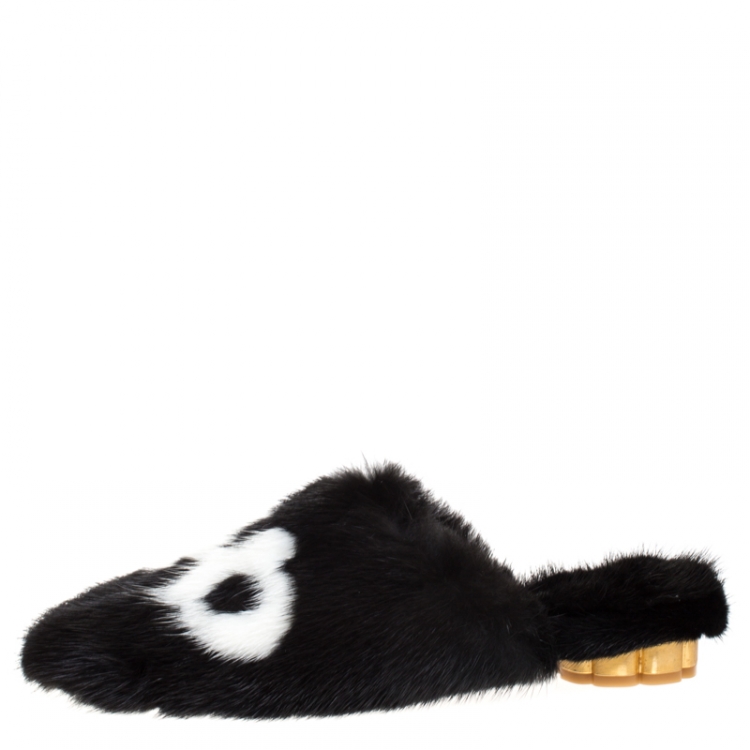 Pre Owned Salvatore Ferragamo Black Mink Fur Flat Mules Size 37