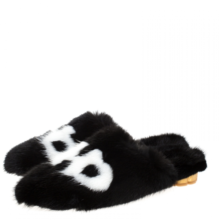 Pre Owned Salvatore Ferragamo Black Mink Fur Flat Mules Size 37