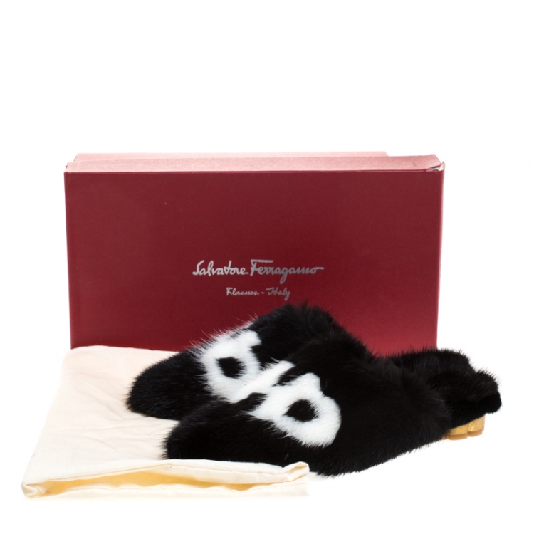 Pre Owned Salvatore Ferragamo Black Mink Fur Flat Mules Size 37