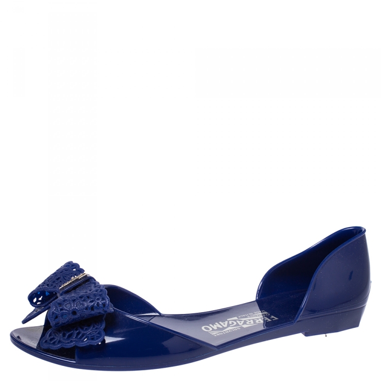 Pre Owned Salvatore Ferragamo Blue Jelly Barbados Bow Flats Size 40.5