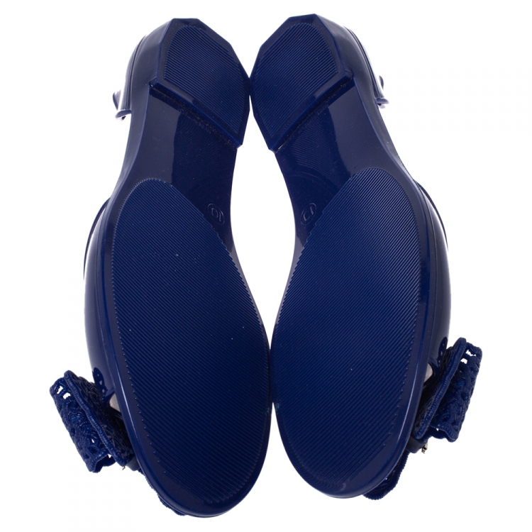Pre Owned Salvatore Ferragamo Blue Jelly Barbados Bow Flats Size 40.5