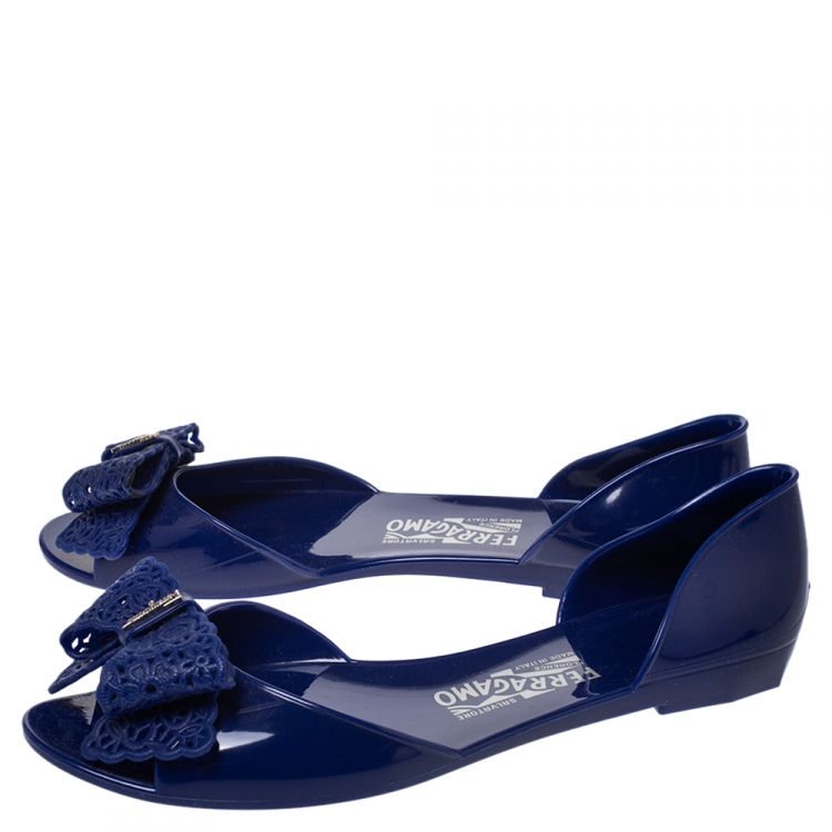 Pre Owned Salvatore Ferragamo Blue Jelly Barbados Bow Flats Size 40.5