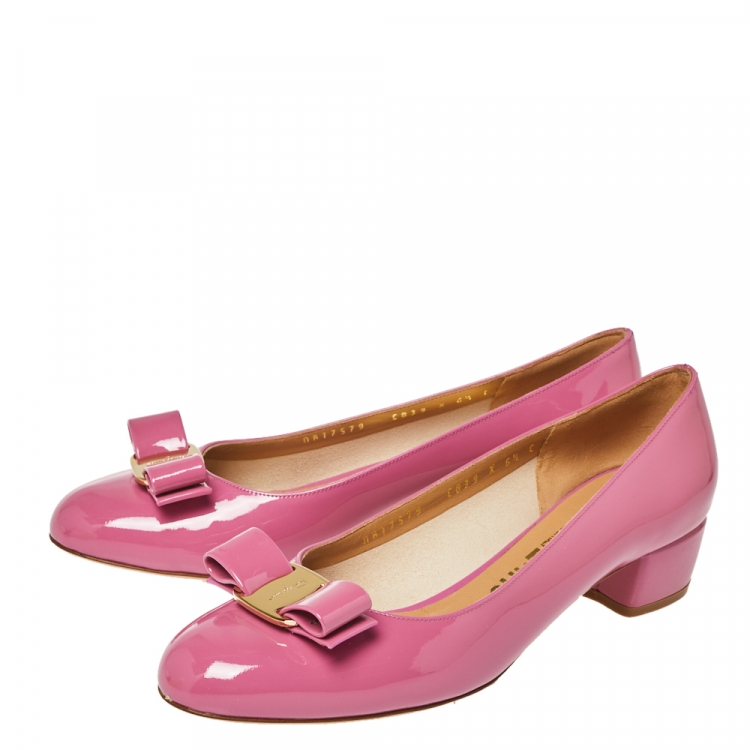 Pre Owned Salvatore Ferragamo Pink Patent Leather Vara Bow Flats Size 37