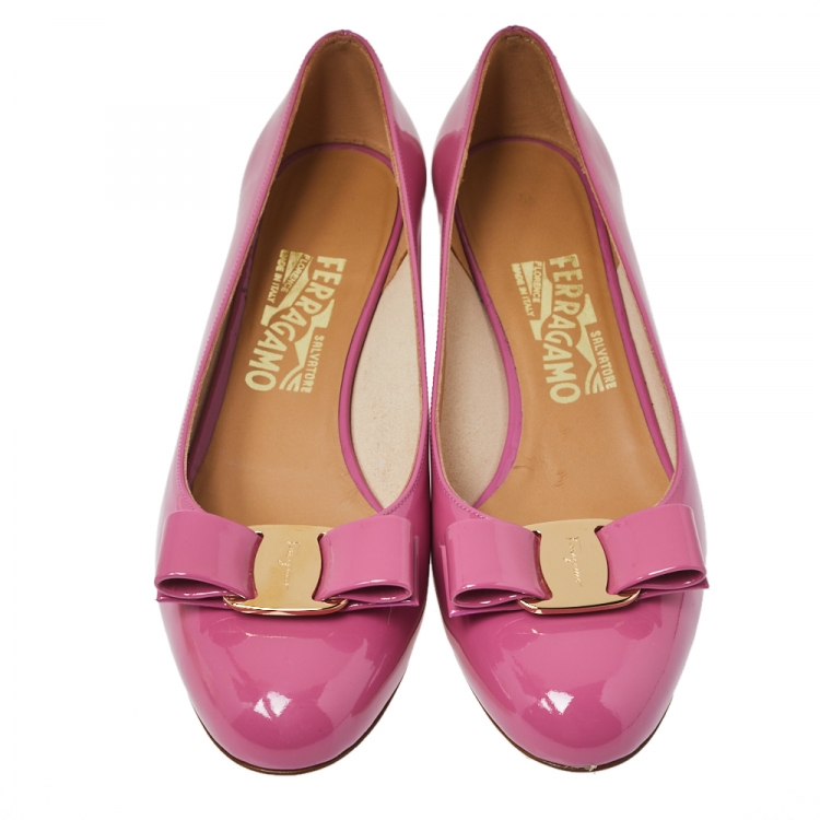 Pre Owned Salvatore Ferragamo Pink Patent Leather Vara Bow Flats Size 37