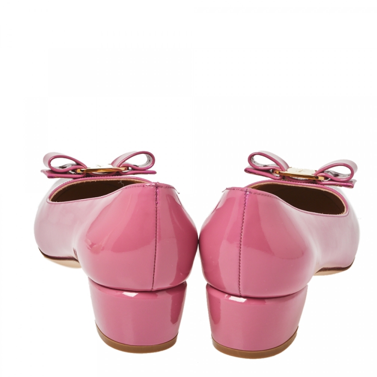 Pre Owned Salvatore Ferragamo Pink Patent Leather Vara Bow Flats Size 37