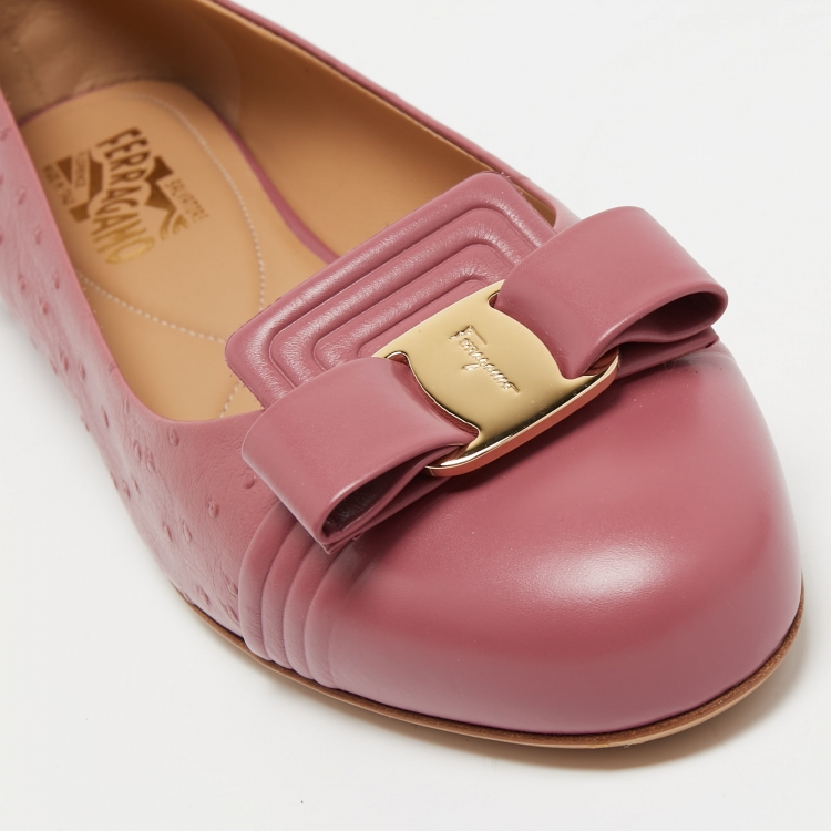 Pre Owned Salvatore Ferragamo Pink Embossed Leather Vara Bow Ballet Flats Size 40
