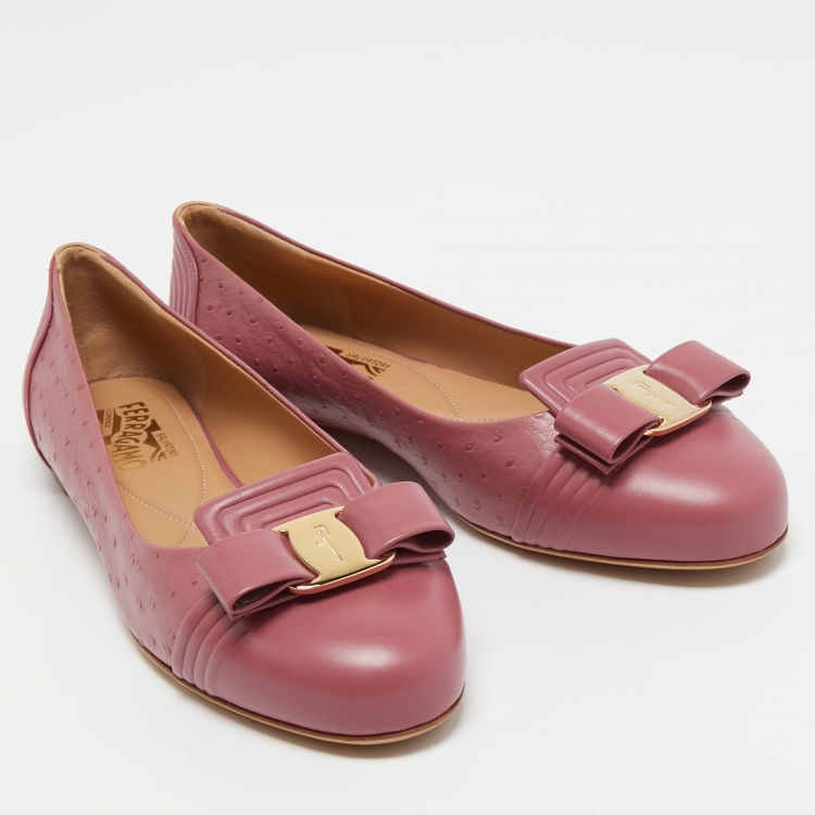 Pre Owned Salvatore Ferragamo Pink Embossed Leather Vara Bow Ballet Flats Size 40