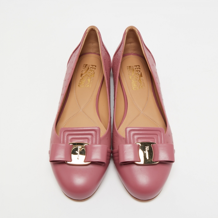 Pre Owned Salvatore Ferragamo Pink Embossed Leather Vara Bow Ballet Flats Size 40