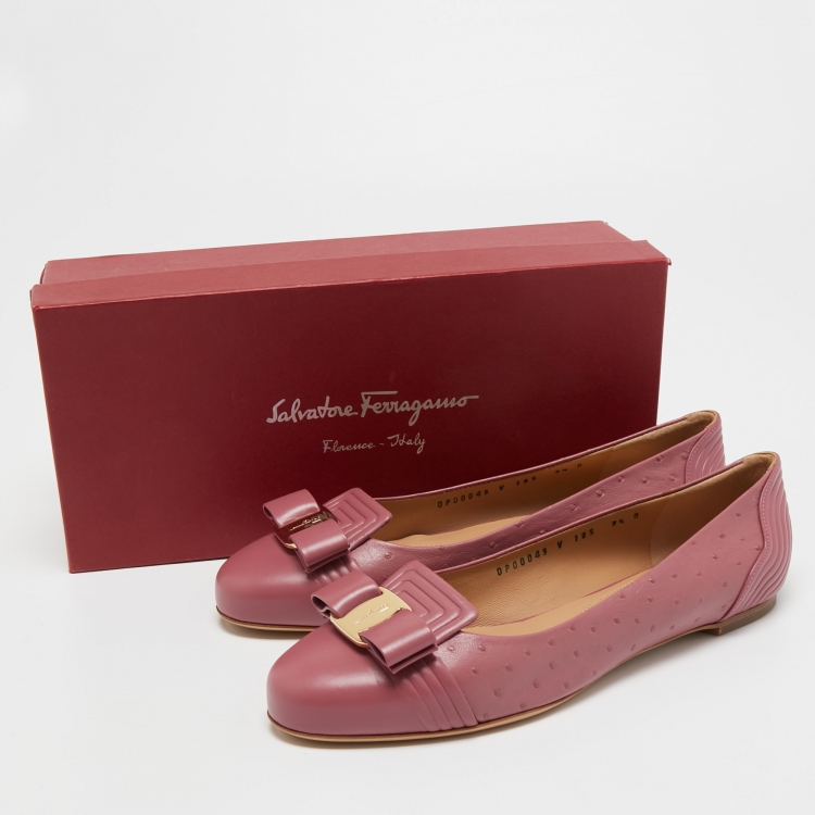Pre Owned Salvatore Ferragamo Pink Embossed Leather Vara Bow Ballet Flats Size 40