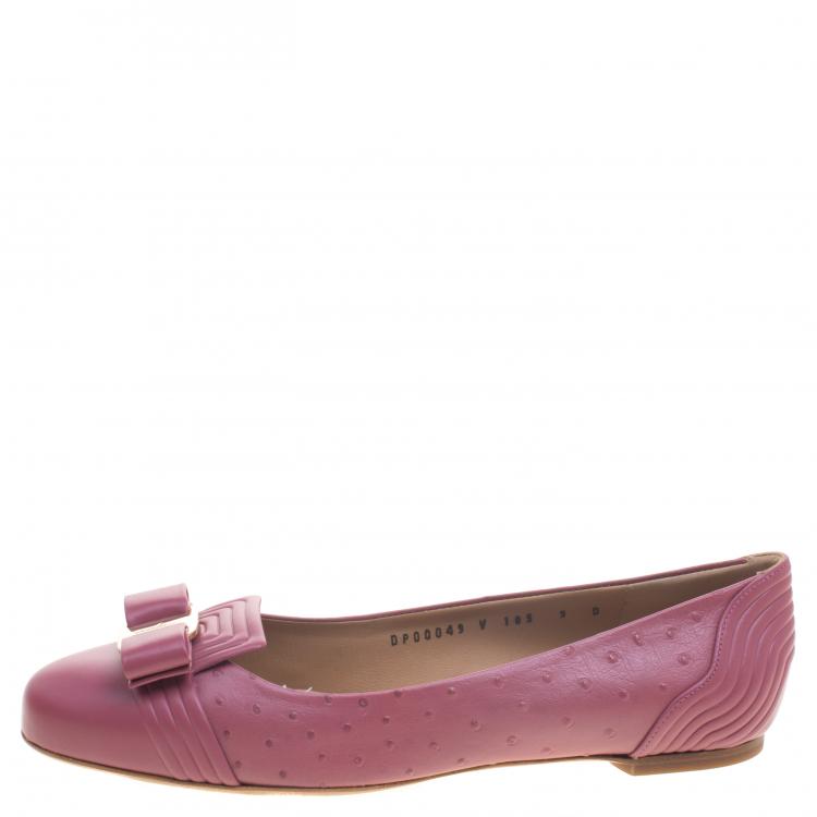 Pre Owned Salvatore Ferragamo Pink Ostrich Embossed Leather Lulu Ballet Flats Size 39.5