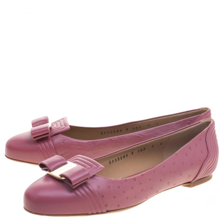 Pre Owned Salvatore Ferragamo Pink Ostrich Embossed Leather Lulu Ballet Flats Size 39.5