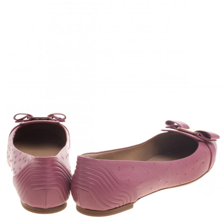 Pre Owned Salvatore Ferragamo Pink Ostrich Embossed Leather Lulu Ballet Flats Size 39.5