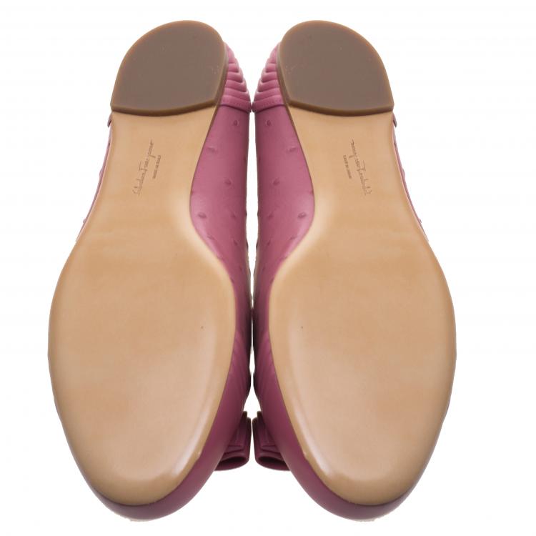 Pre Owned Salvatore Ferragamo Pink Ostrich Embossed Leather Lulu Ballet Flats Size 39.5