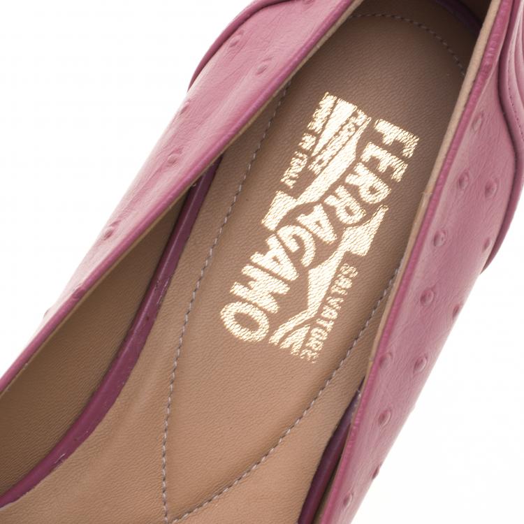 Pre Owned Salvatore Ferragamo Pink Ostrich Embossed Leather Lulu Ballet Flats Size 39.5