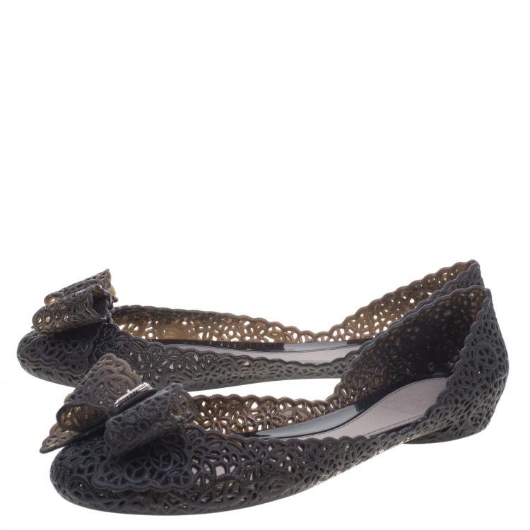 Pre Owned Salvatore Ferragamo Black Cutout Jelly Nilly Bow Ballet Flats Size 40.5