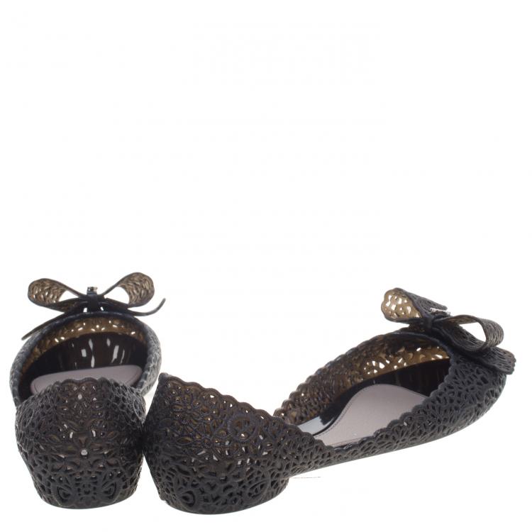 Pre Owned Salvatore Ferragamo Black Cutout Jelly Nilly Bow Ballet Flats Size 40.5