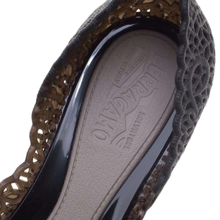 Pre Owned Salvatore Ferragamo Black Cutout Jelly Nilly Bow Ballet Flats Size 40.5
