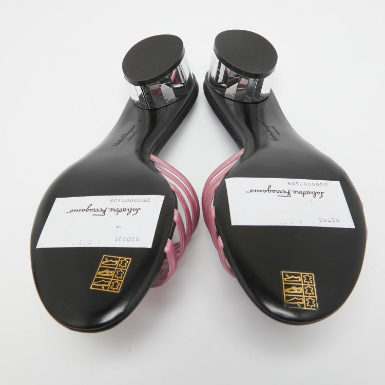 Pre Owned Salvatore Ferragamo Pink/Black Leather Finn Slide Sandals Size 39.5
