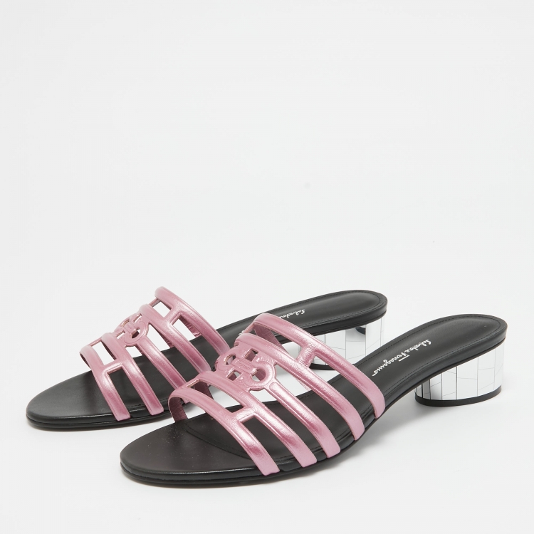Pre Owned Salvatore Ferragamo Pink/Black Leather Finn Slide Sandals Size 39.5
