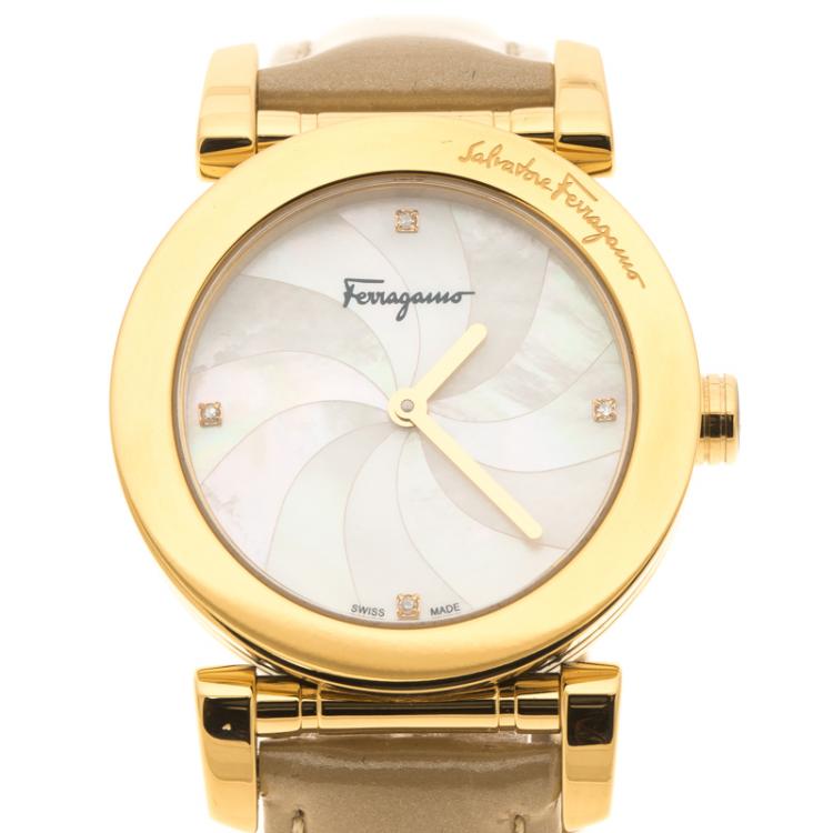 Pre Owned Salvatore Ferragamo Mother of Pearl Gold Plated Stainless Steel Firenze Women's Wristwatch 32 mm