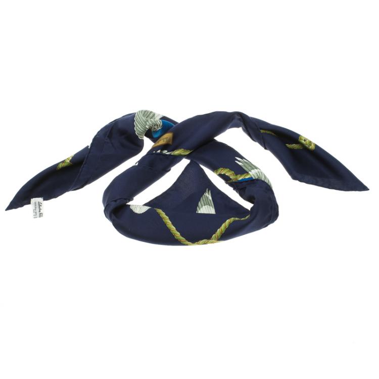 Pre Owned  Salvatore Ferragamo Navy Blue Printed Silk Square Scarf