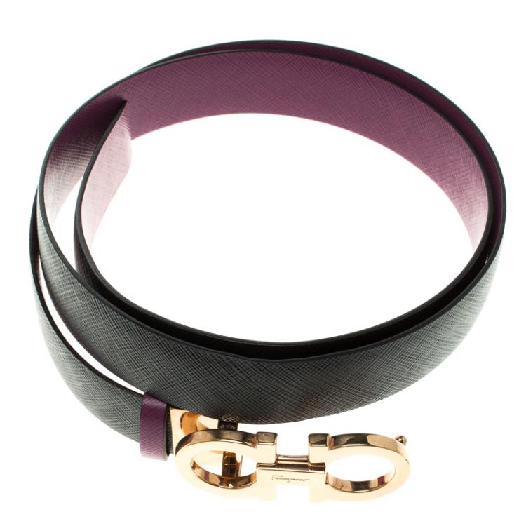 Pre Owned Salvatore Ferragamo Black/Purple Leather Reversible Gancini Buckle Belt Size 85CM